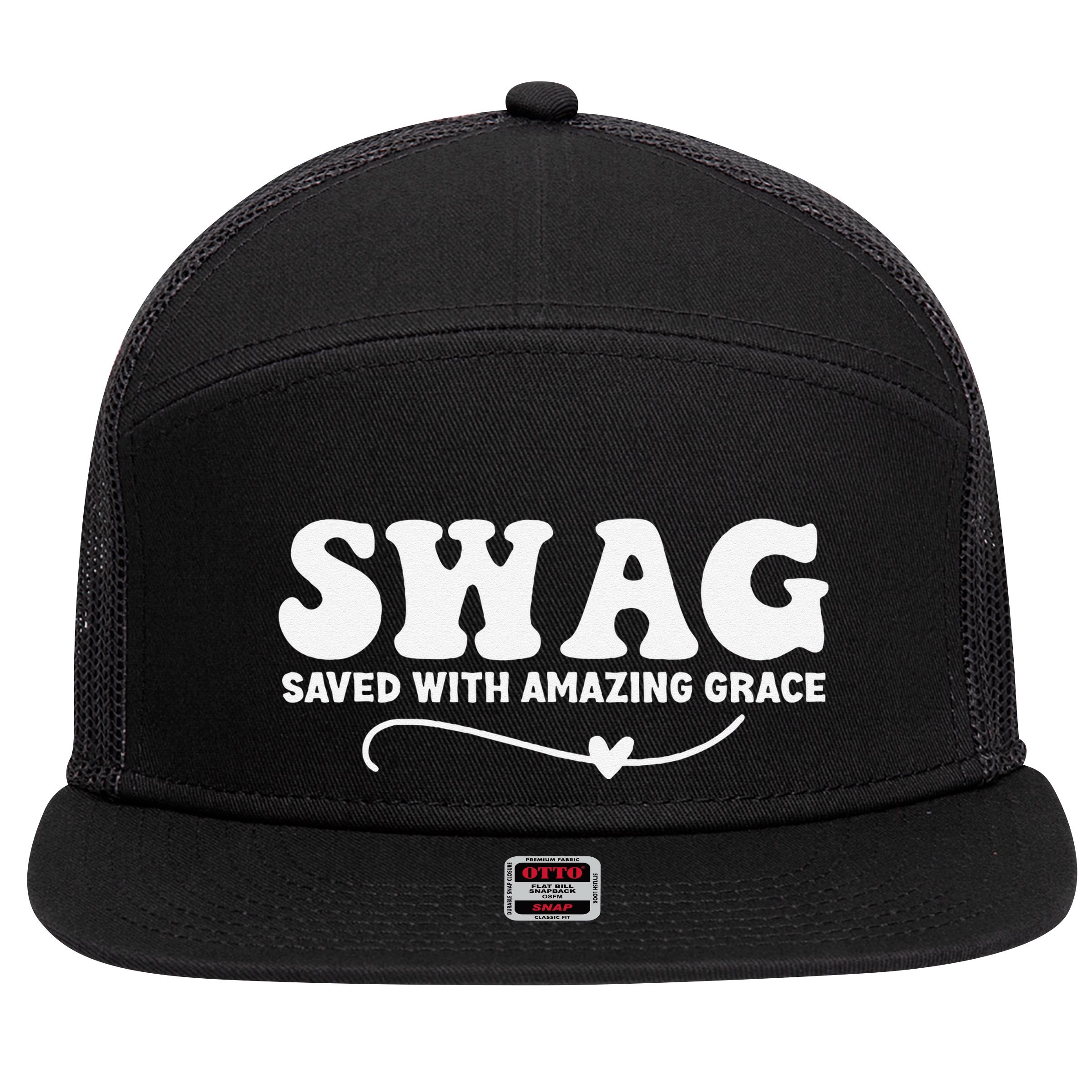 Swag Saved With Amazing Grace Jesus God 7 Panel Mesh Trucker Snapback Hat