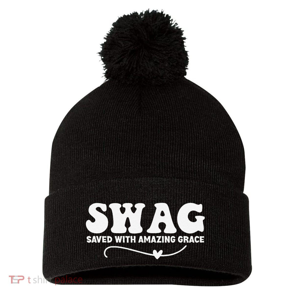 Swag Saved With Amazing Grace Jesus God Pom Pom 12in Knit Beanie