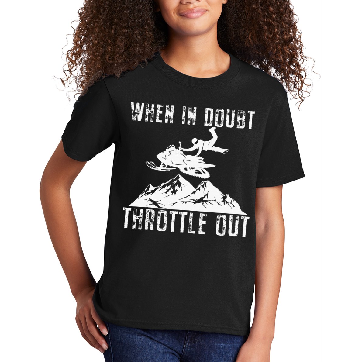 Snowmobile Sled When In Doubt Throttle Out Winter Sports Kids T-Shirt
