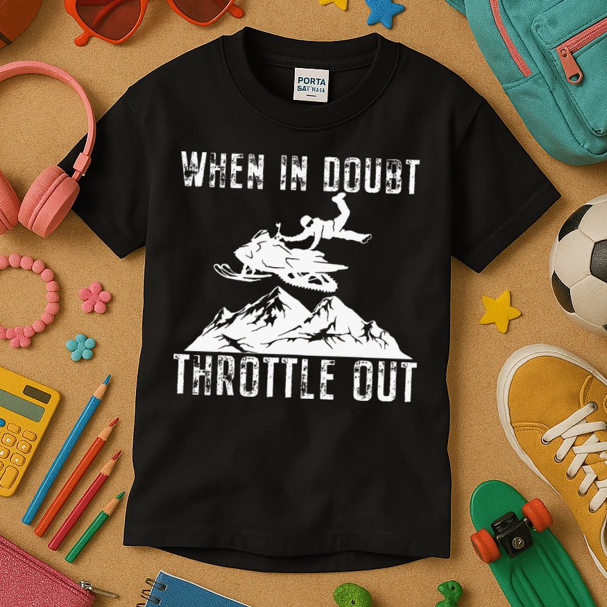 Snowmobile Sled When In Doubt Throttle Out Winter Sports Kids T-Shirt