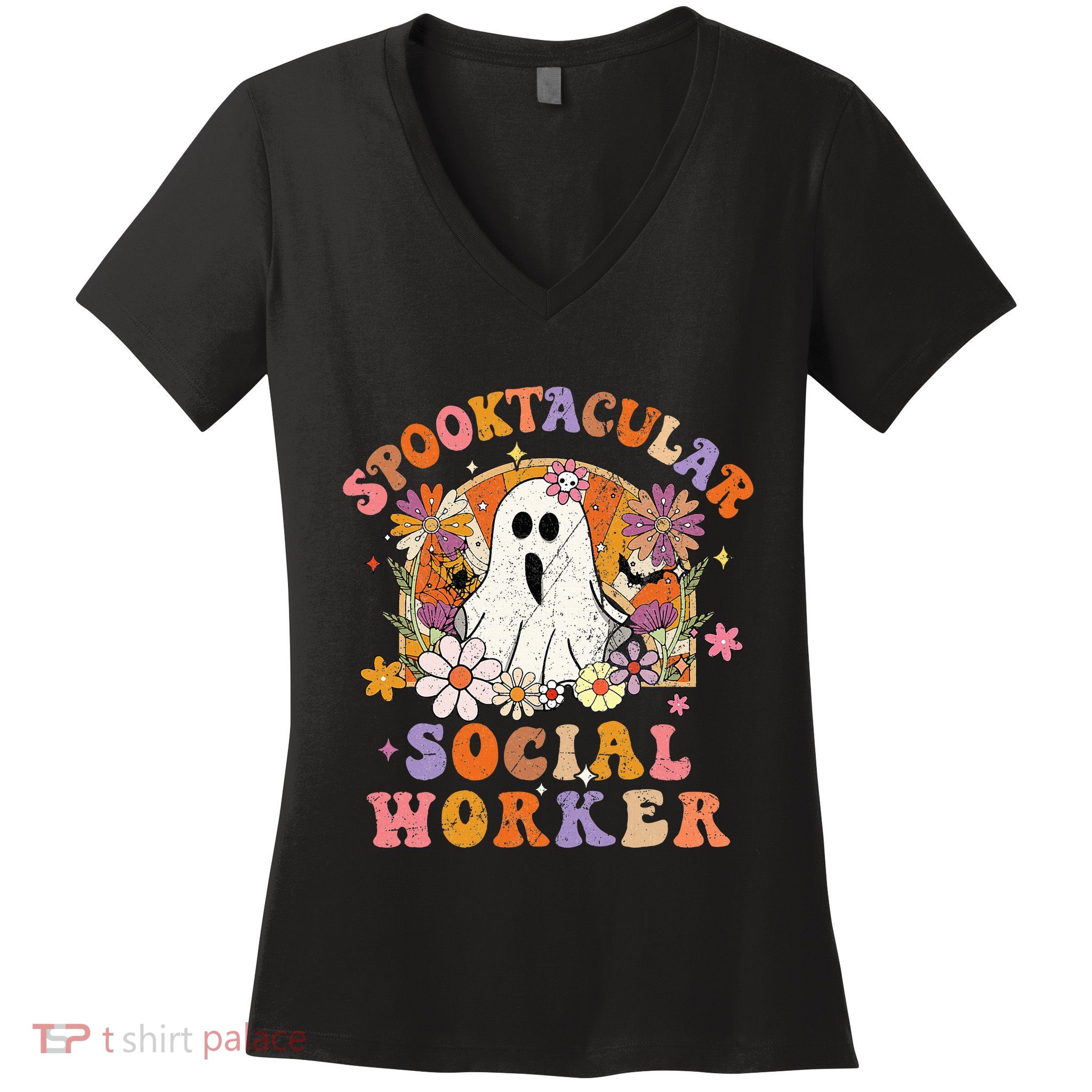 Spooktacular Social Worker Happy Halloween Spooky Matching Women's V-Neck T-Shirt