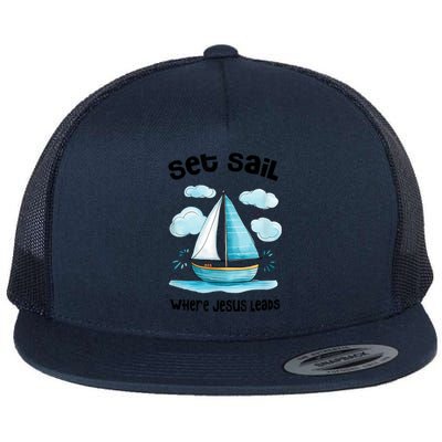 Set Sail Where Jesus Leads Flat Bill Trucker Hat