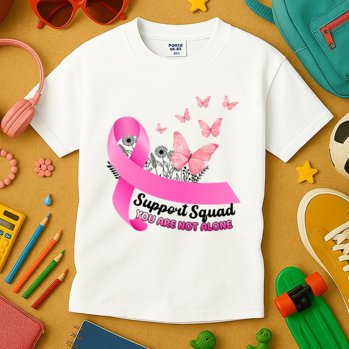 Support Squad You Are Not Alone Breast Cancer Butterfly Ribbon Kids T-Shirt