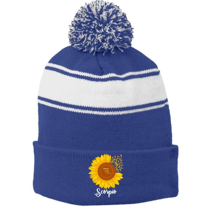 Scorpio Sunflower Zodiac Sign Floral Astrology Gift Stripe Pom Pom Beanie