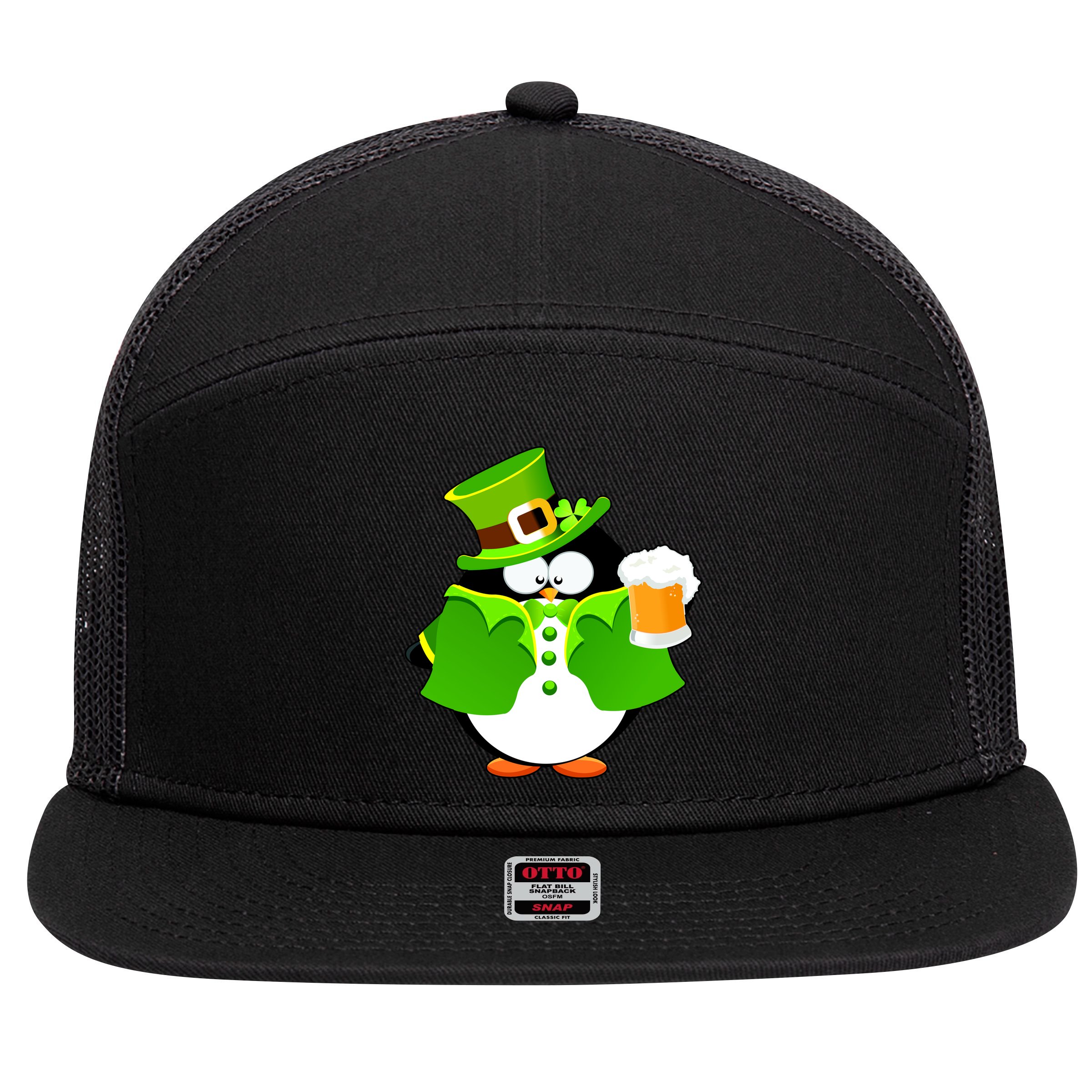 St. Patrack's Day Funny Penguin Drinking Beer 7 Panel Mesh Trucker Snapback Hat