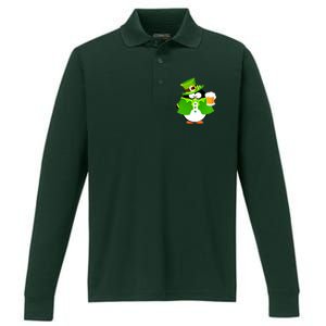 St. Patrack's Day Funny Penguin Drinking Beer Performance Long Sleeve Polo