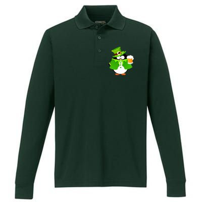 St. Patrack's Day Funny Penguin Drinking Beer Performance Long Sleeve Polo