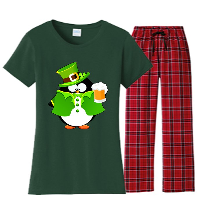 St. Patrack's Day Funny Penguin Drinking Beer Women's Flannel Pajama Set