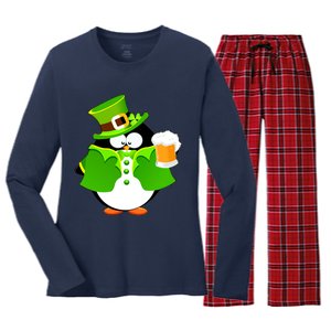 St. Patrack's Day Funny Penguin Drinking Beer Women's Long Sleeve Flannel Pajama Set 