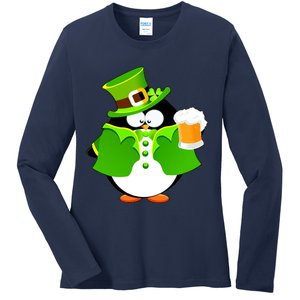 St. Patrack's Day Funny Penguin Drinking Beer Ladies Long Sleeve Shirt