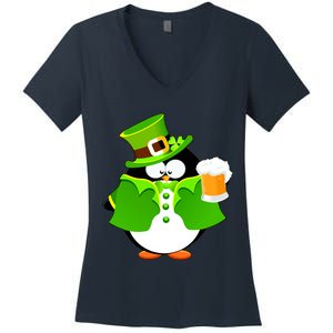 St. Patrack's Day Funny Penguin Drinking Beer Women's V-Neck T-Shirt