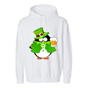 St. Patrack's Day Funny Penguin Drinking Beer Garment-Dyed Fleece Hoodie