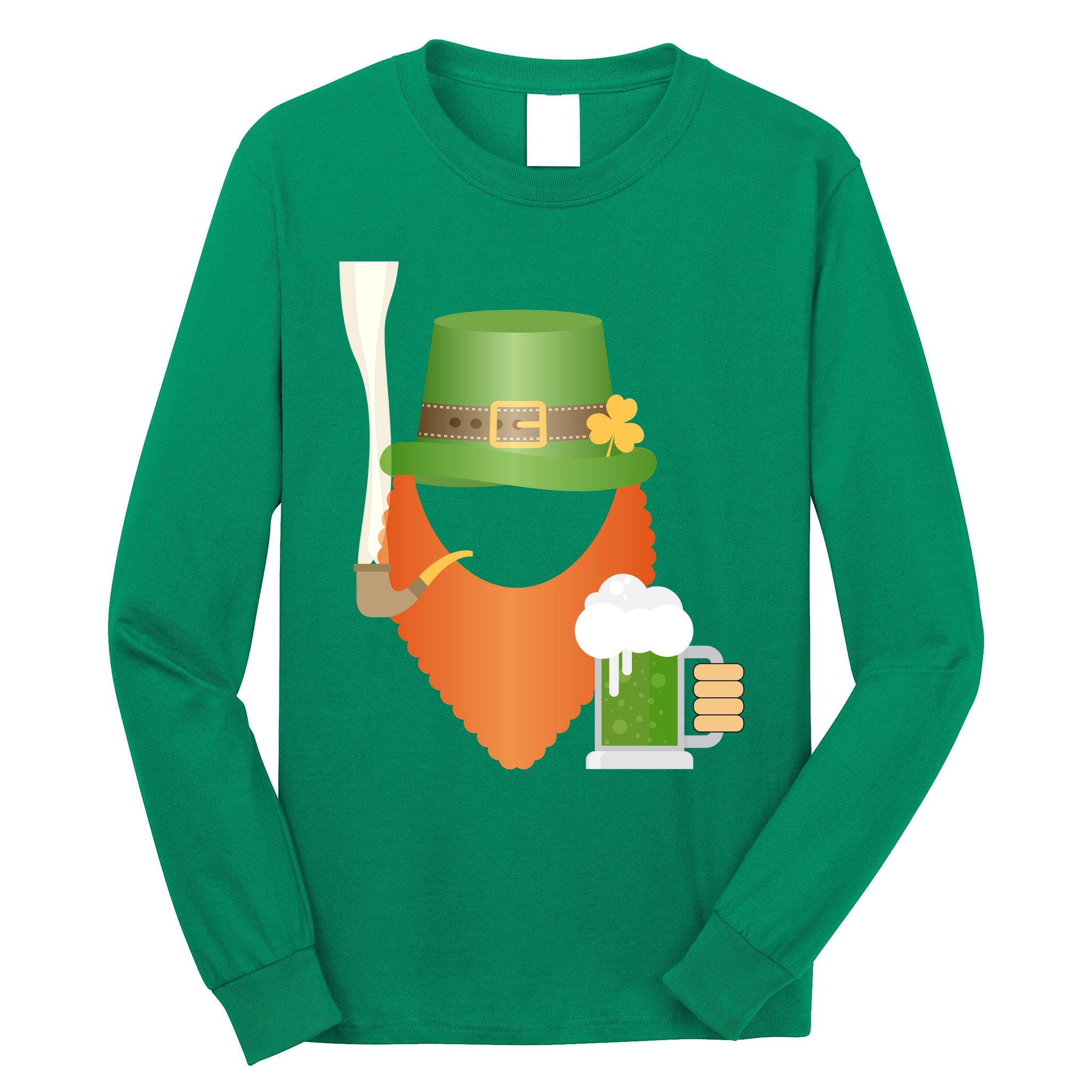 St. Patrack's Day Hipster Leprechaun Orange Beard Smoking Pipe Long Sleeve Shirt