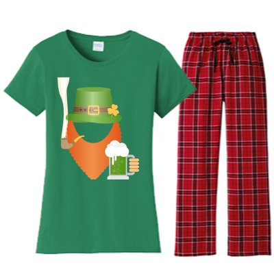 St. Patrack's Day Hipster Leprechaun Orange Beard Smoking Pipe Women's Flannel Pajama Set