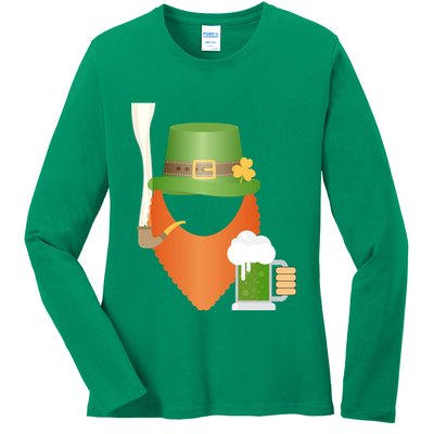St. Patrack's Day Hipster Leprechaun Orange Beard Smoking Pipe Ladies Long Sleeve Shirt