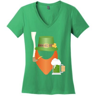 St. Patrack's Day Hipster Leprechaun Orange Beard Smoking Pipe Women's V-Neck T-Shirt