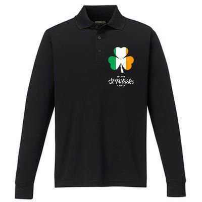 St. Patrick Day Irish Clover Flag Performance Long Sleeve Polo