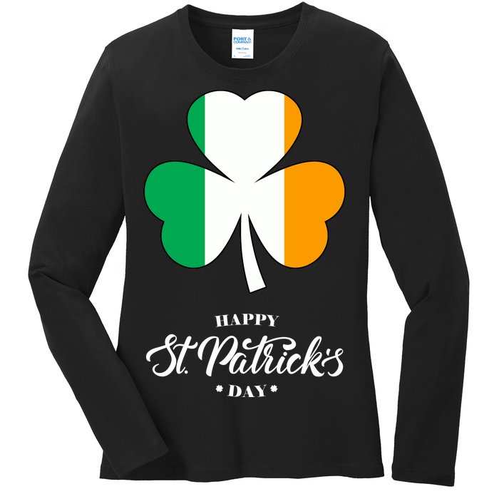 St. Patrick Day Irish Clover Flag Ladies Long Sleeve Shirt