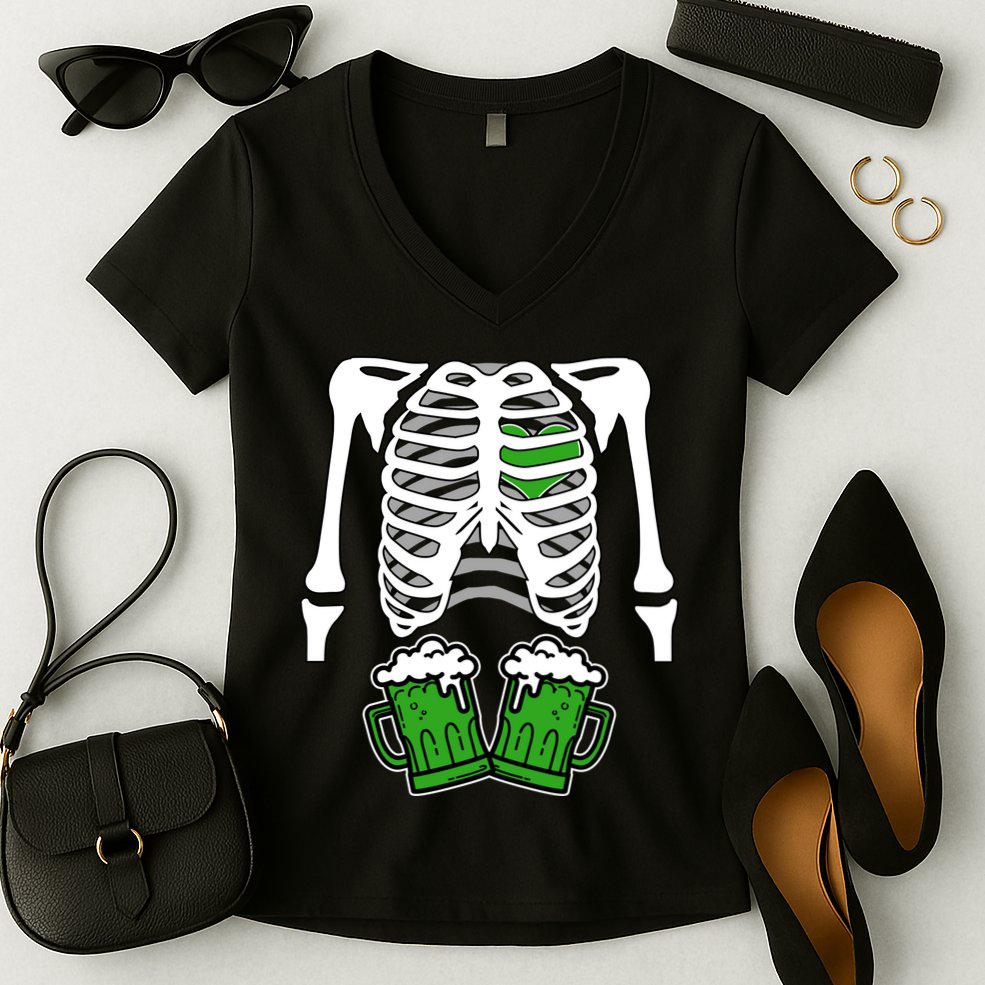 St. Patrick's Day Beer Rib Cage Skeleton Women's V-Neck T-Shirt
