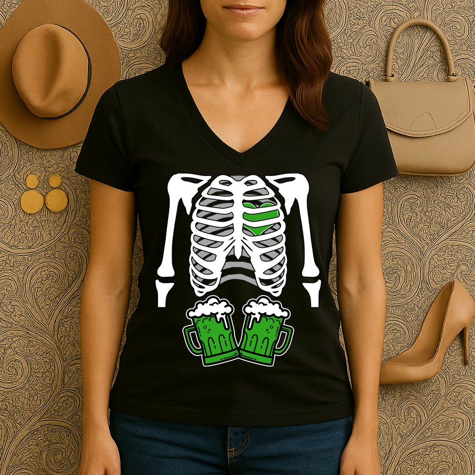 St. Patrick's Day Beer Rib Cage Skeleton Women's V-Neck T-Shirt