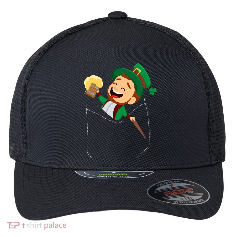 St. Patrick's Day Pocket Leprechaun Beer Flexfit Unipanel Trucker Cap