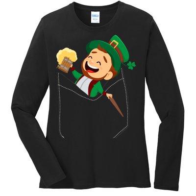 St. Patrick's Day Pocket Leprechaun Beer Ladies Long Sleeve Shirt