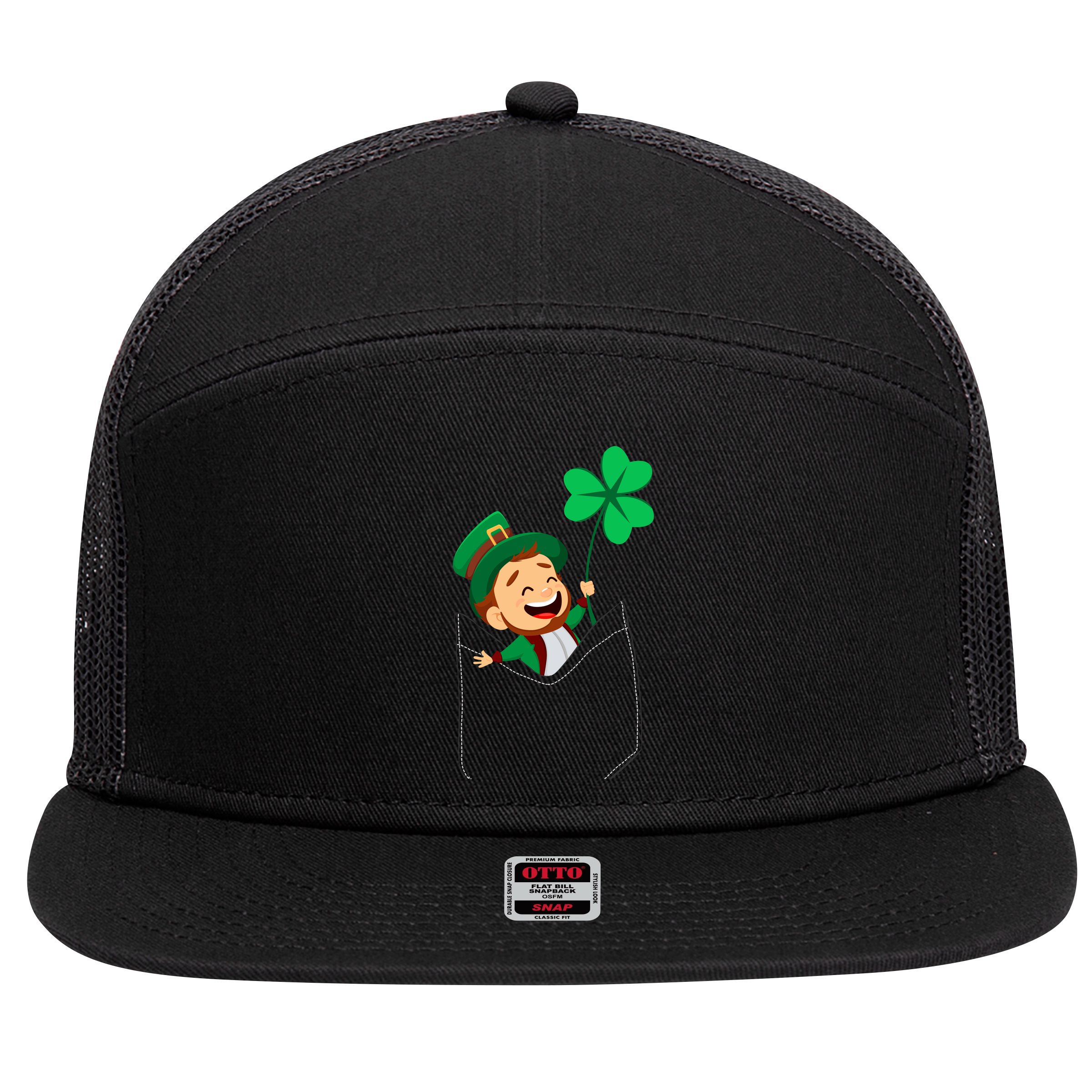 St. Patrick's Day Pocket Leprechaun Clover 7 Panel Mesh Trucker Snapback Hat
