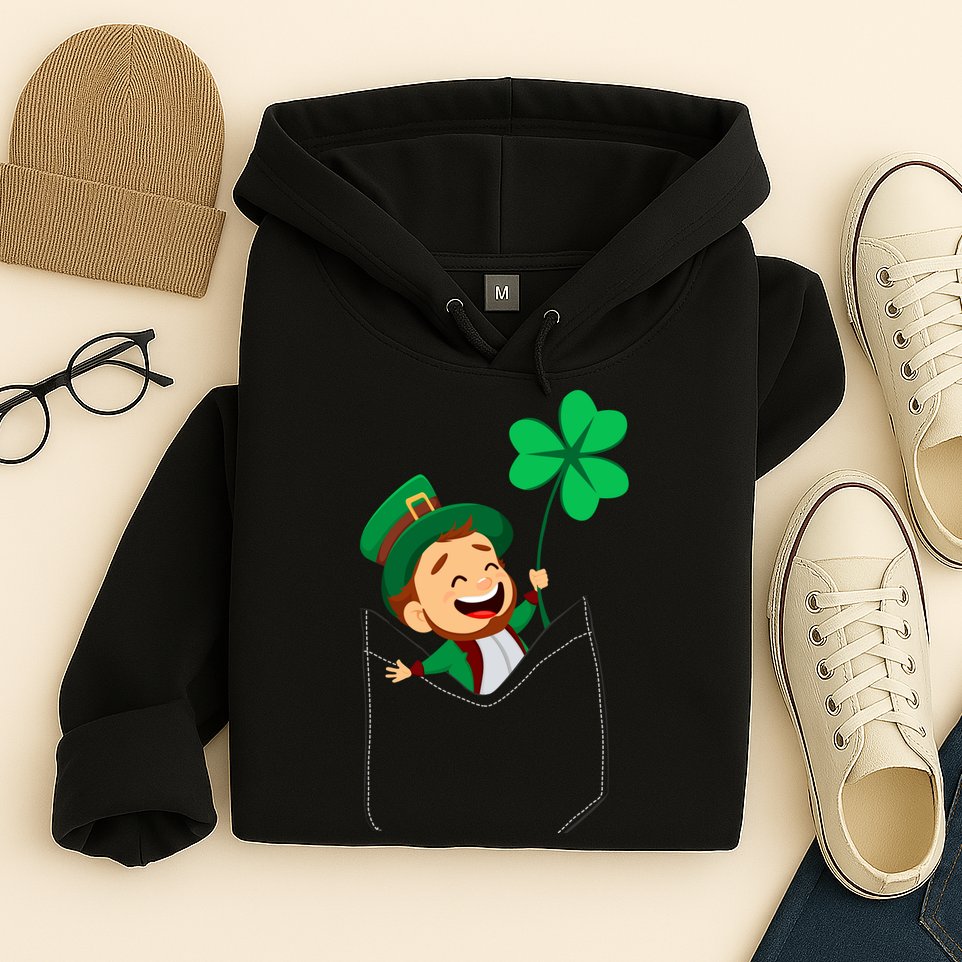 St. Patrick's Day Pocket Leprechaun Clover Hoodie