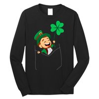 St. Patrick's Day Pocket Leprechaun Clover Long Sleeve Shirt