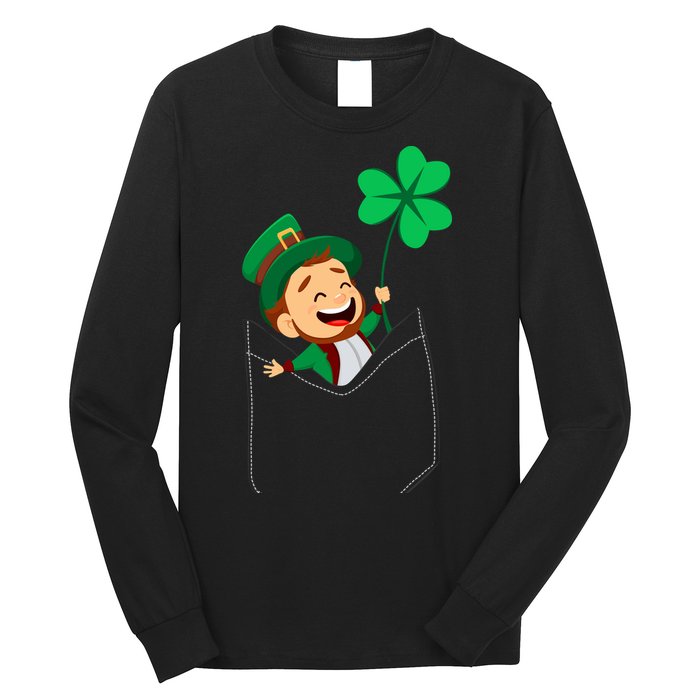 St. Patrick's Day Pocket Leprechaun Clover Long Sleeve Shirt