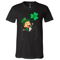 St. Patrick's Day Pocket Leprechaun Clover V-Neck T-Shirt