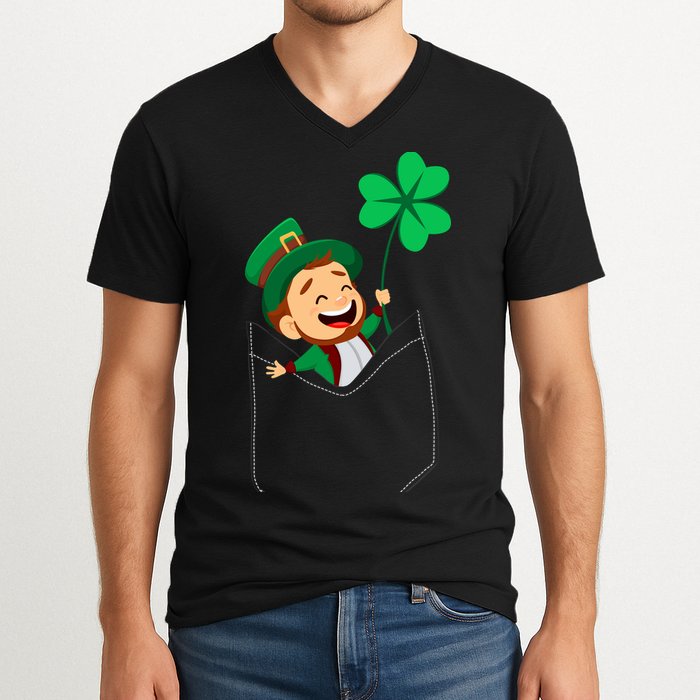 St. Patrick's Day Pocket Leprechaun Clover V-Neck T-Shirt
