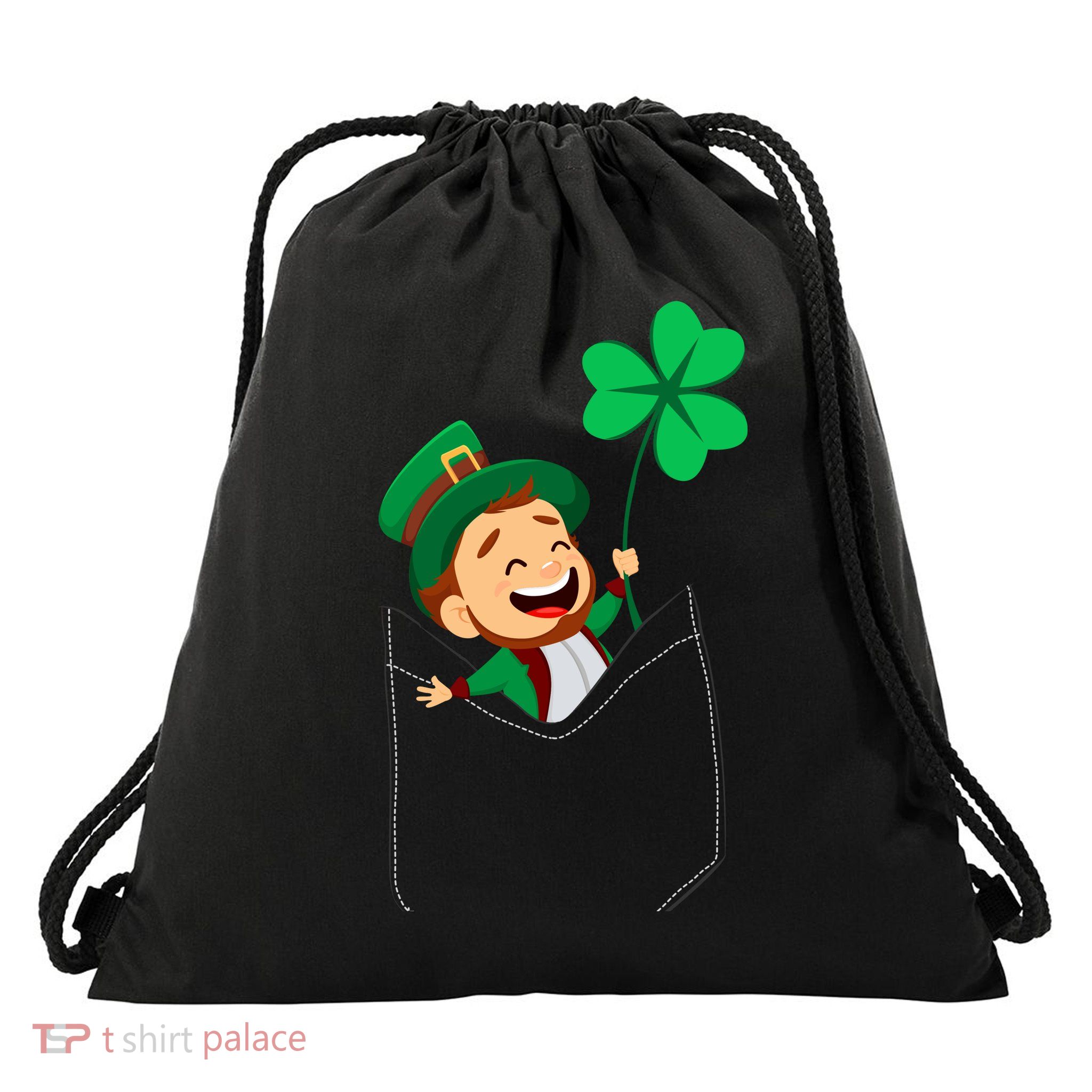 St. Patrick's Day Pocket Leprechaun Clover Drawstring Bag