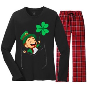 St. Patrick's Day Pocket Leprechaun Clover Women's Long Sleeve Flannel Pajama Set 