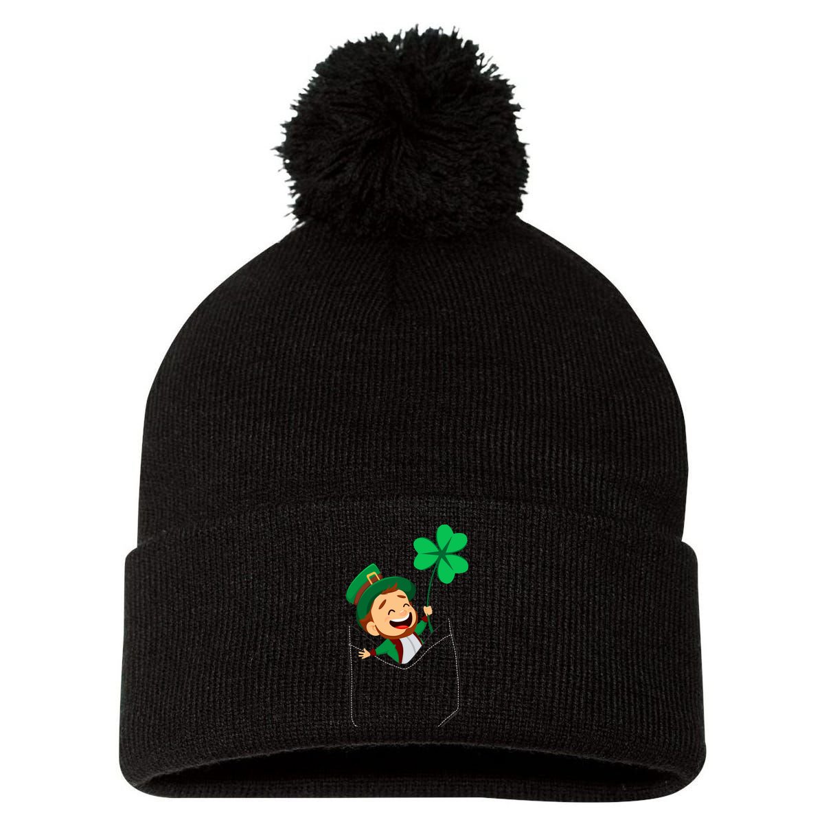 St. Patrick's Day Pocket Leprechaun Clover Pom Pom 12in Knit Beanie