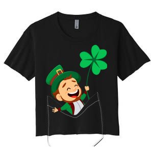 St. Patrick's Day Pocket Leprechaun Clover Women's Crop Top Tee