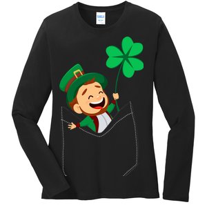 St. Patrick's Day Pocket Leprechaun Clover Ladies Long Sleeve Shirt