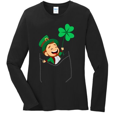 St. Patrick's Day Pocket Leprechaun Clover Ladies Long Sleeve Shirt