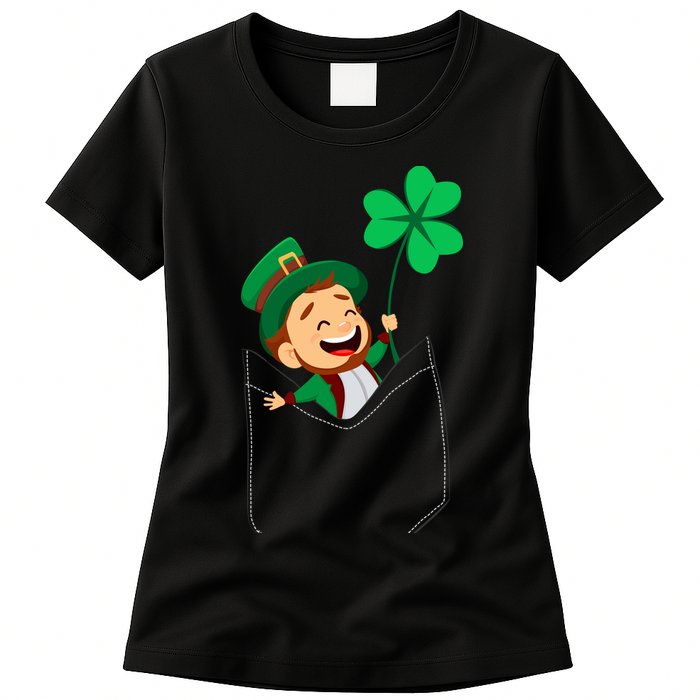 St. Patrick's Day Pocket Leprechaun Clover Womens T-Shirt