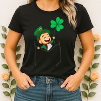 St. Patrick's Day Pocket Leprechaun Clover Womens T-Shirt