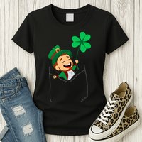 St. Patrick's Day Pocket Leprechaun Clover Womens T-Shirt