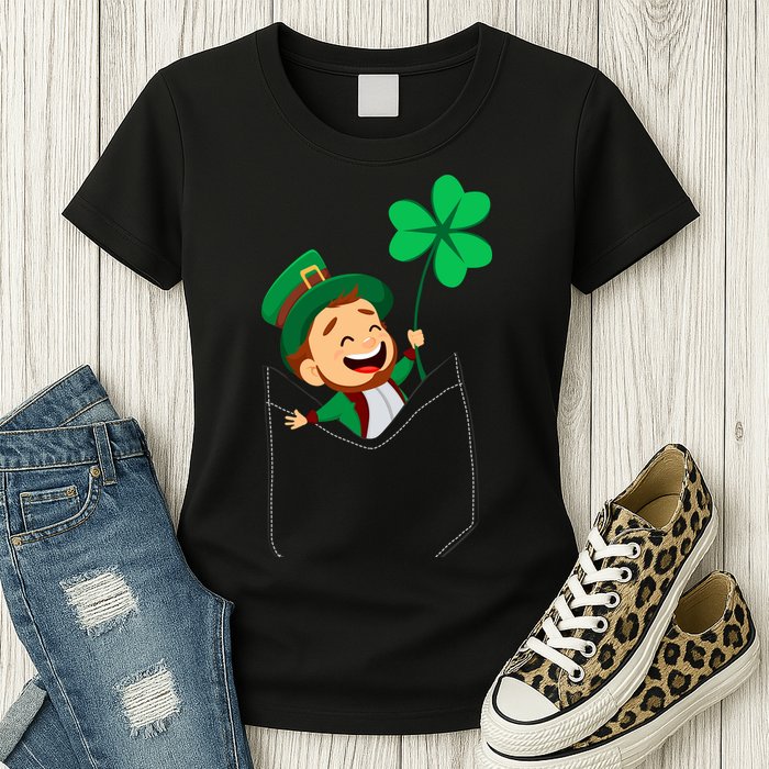 St. Patrick's Day Pocket Leprechaun Clover Womens T-Shirt