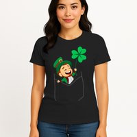 St. Patrick's Day Pocket Leprechaun Clover Womens T-Shirt