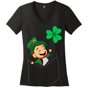 St. Patrick's Day Pocket Leprechaun Clover Women's V-Neck T-Shirt