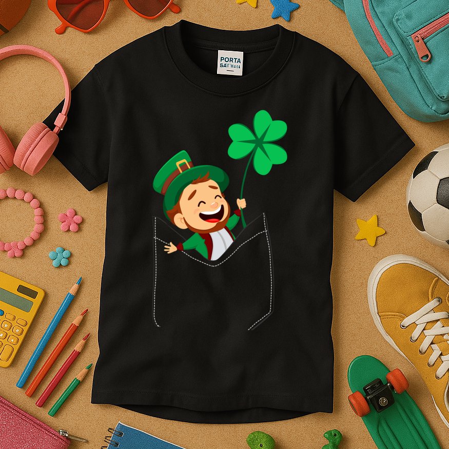 St. Patrick's Day Pocket Leprechaun Clover Kids T-Shirt