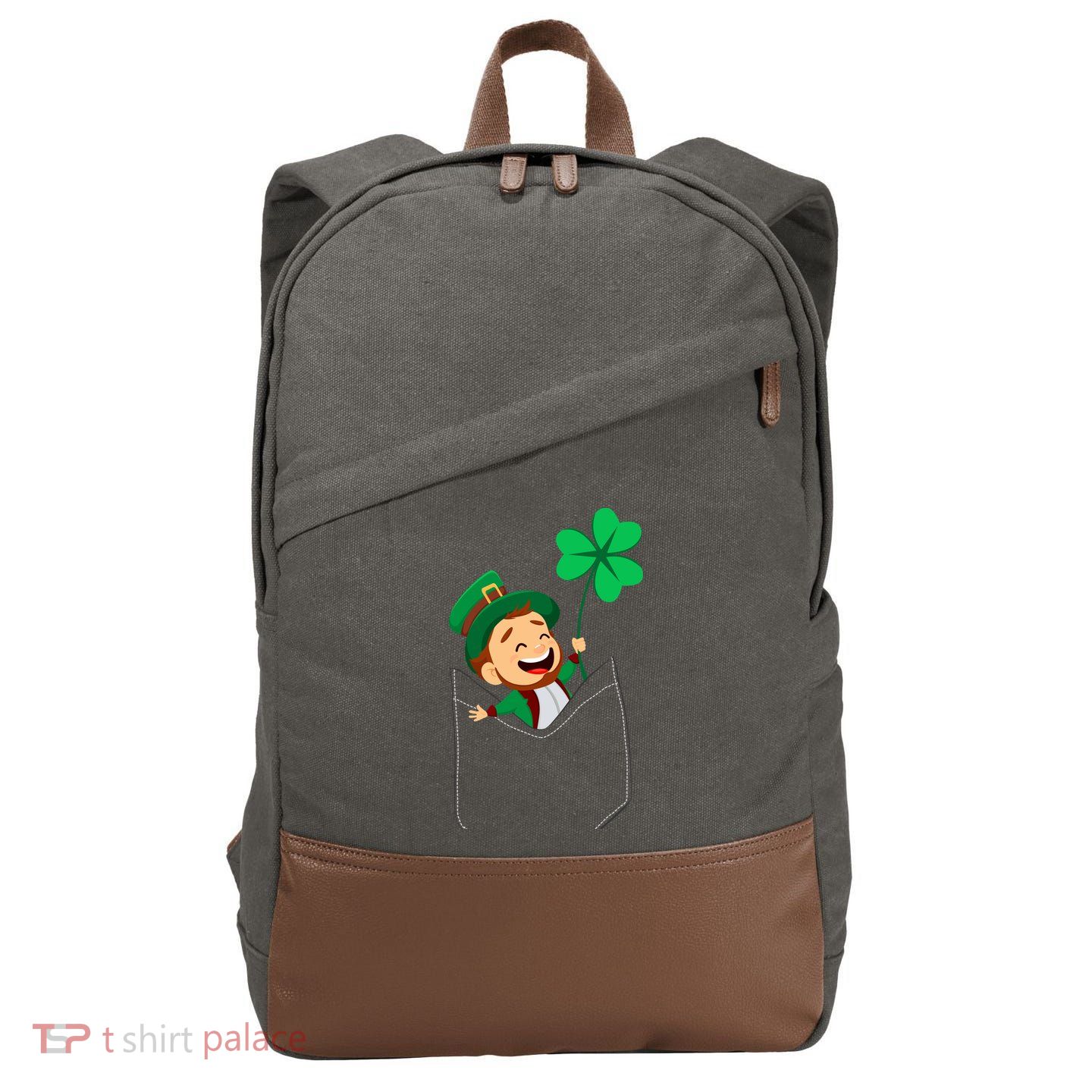 St. Patrick's Day Pocket Leprechaun Clover Cotton Canvas Backpack