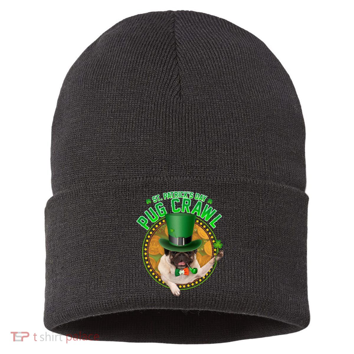 St. Patrick's Day Pug Crawl Funny Irish Pug Sustainable Knit Beanie