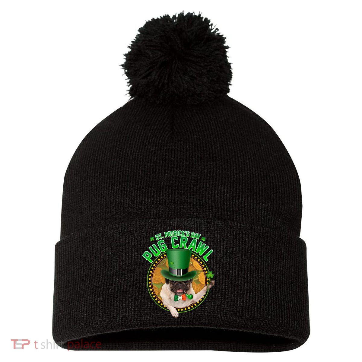St. Patrick's Day Pug Crawl Funny Irish Pug Pom Pom 12in Knit Beanie