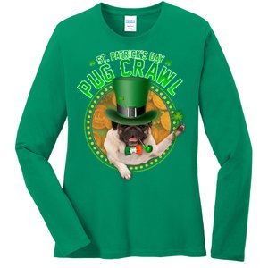 St. Patrick's Day Pug Crawl Funny Irish Pug Ladies Long Sleeve Shirt