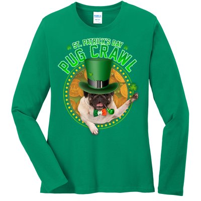 St. Patrick's Day Pug Crawl Funny Irish Pug Ladies Long Sleeve Shirt